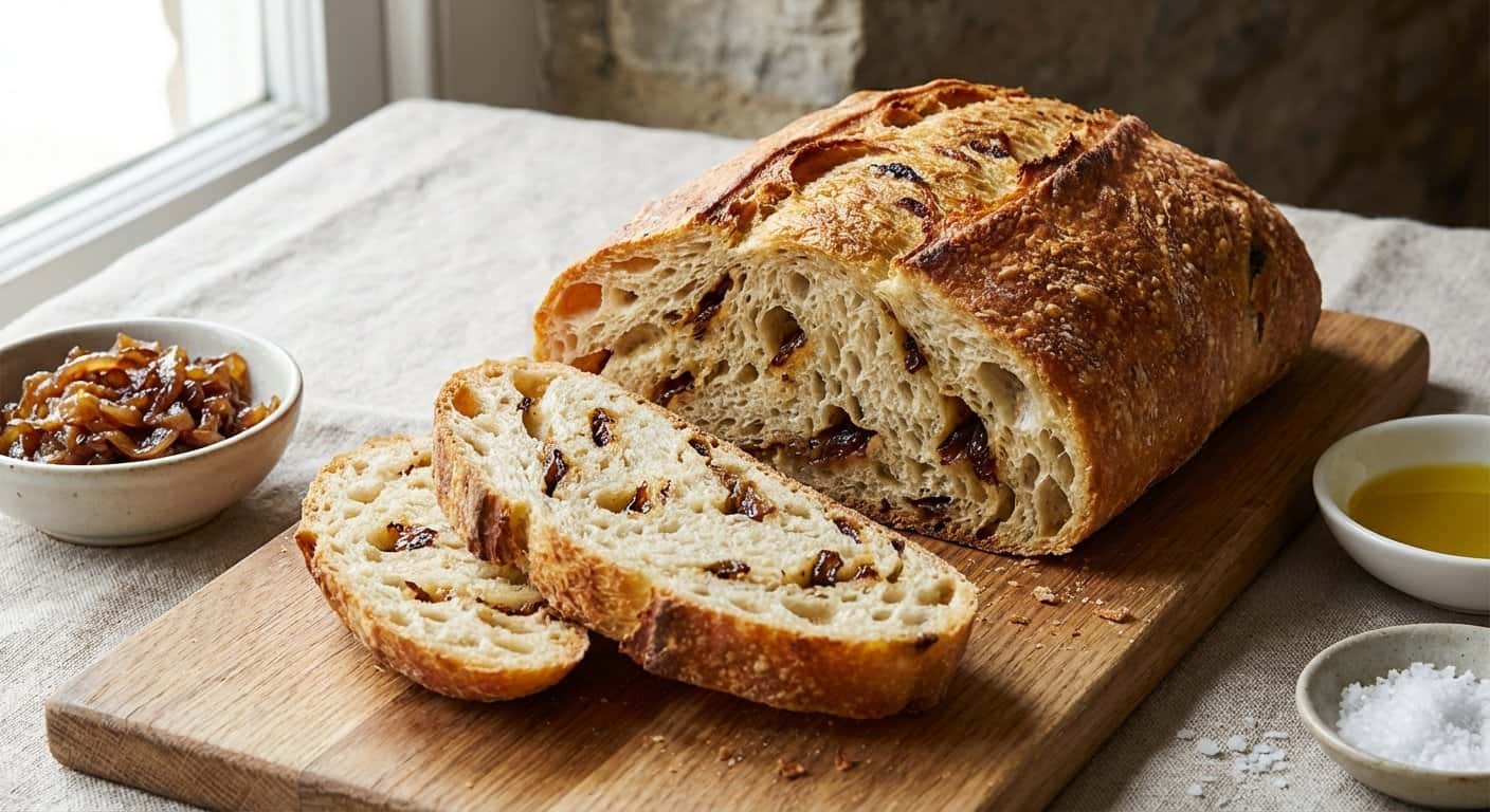 Chapata sin amasado con cebolla caramelizada