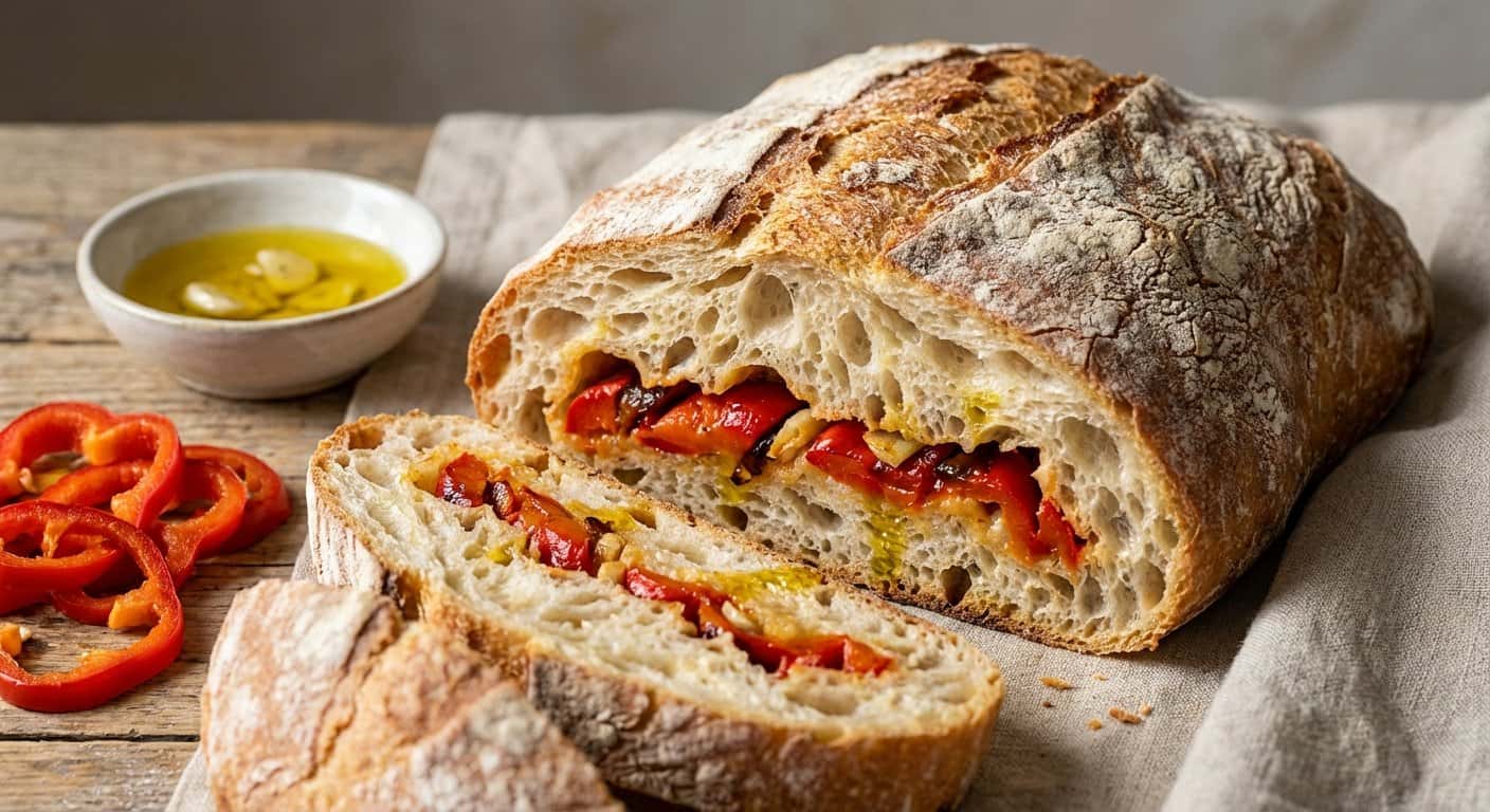 Chapata sin amasado con pimientos asados