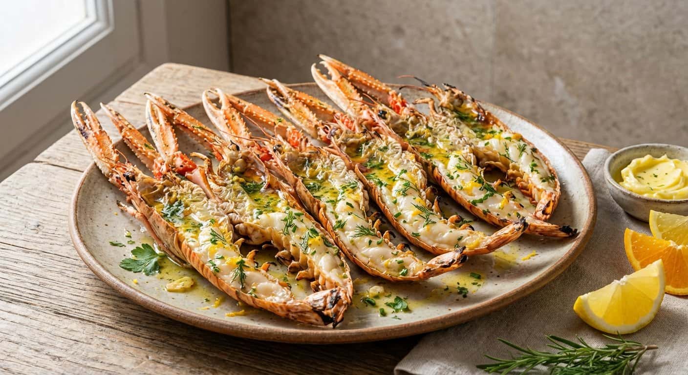 Cigala Abierta con Mantequilla Cítrica y Hierbas