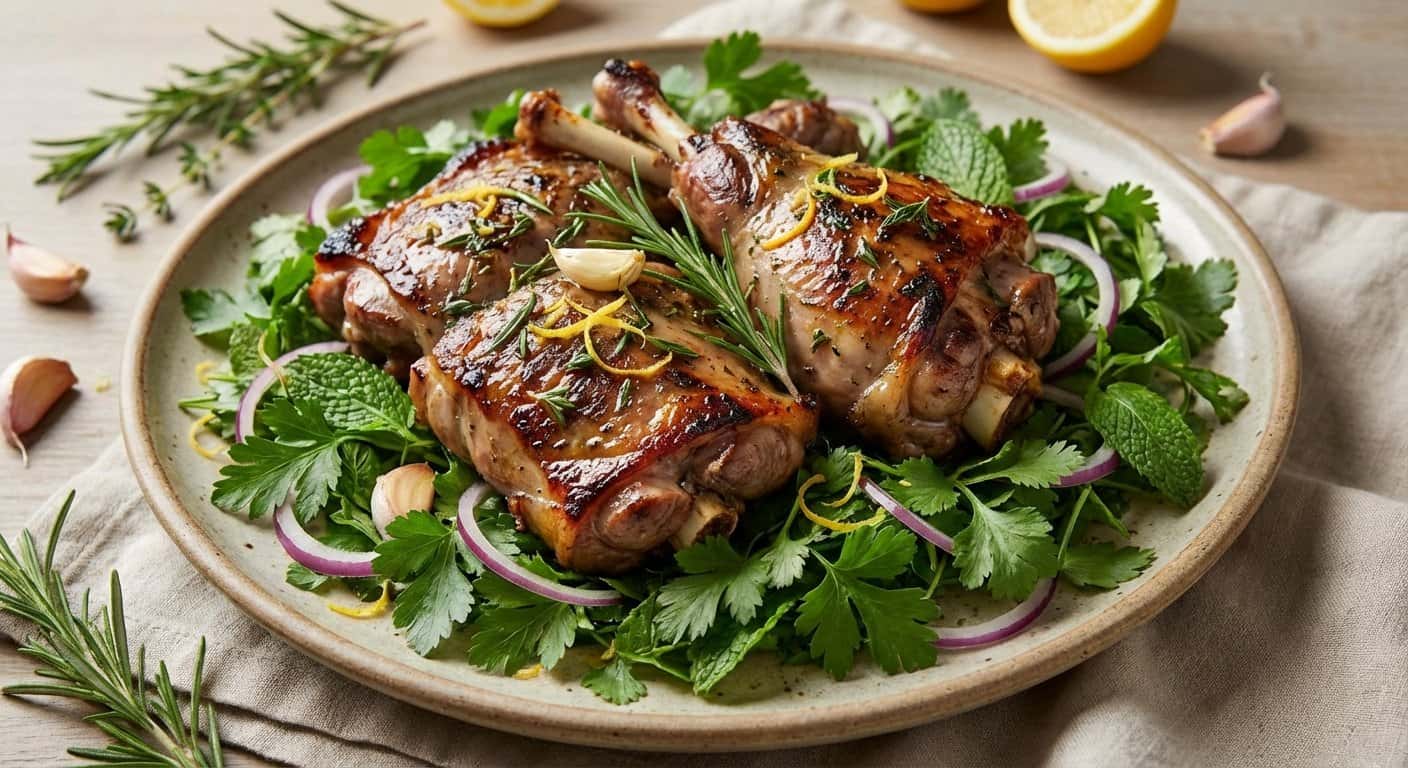 Cordero con limón y ensalada de hierbas frescas