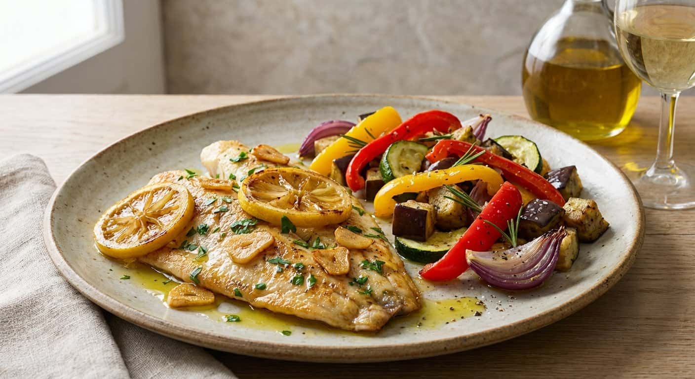 Corvina al Ajillo con Verduras Asadas