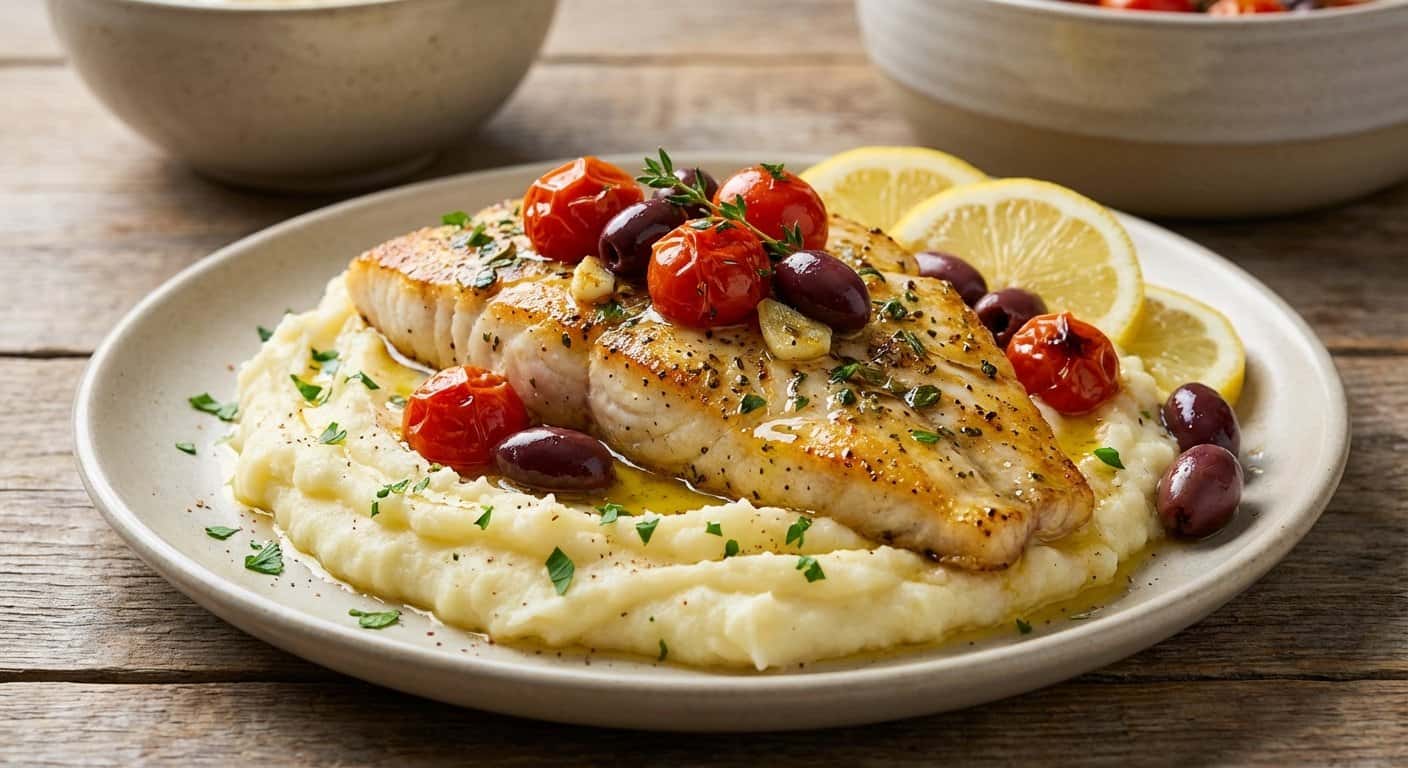 Corvina al Estilo Mediterráneo con Puré de Patata