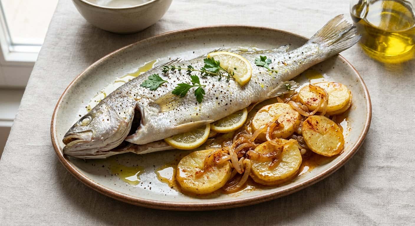 Corvina al vapor con patatas panadera