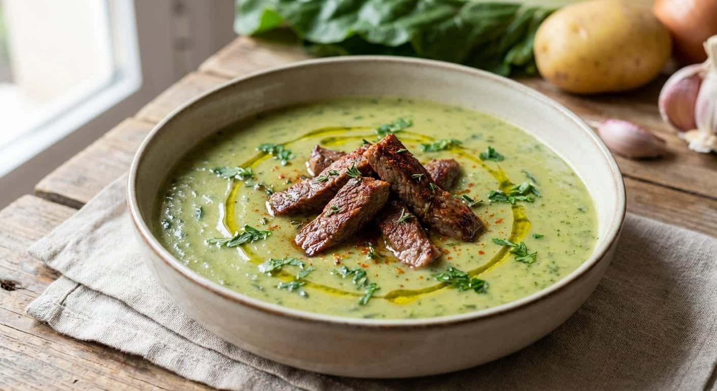 Crema de Acelgas con Tiras de Ternera