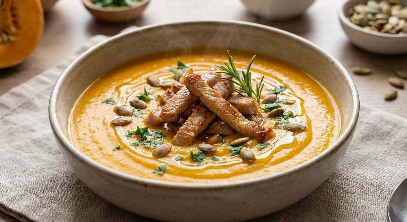 Crema de calabaza con tiras de cerdo