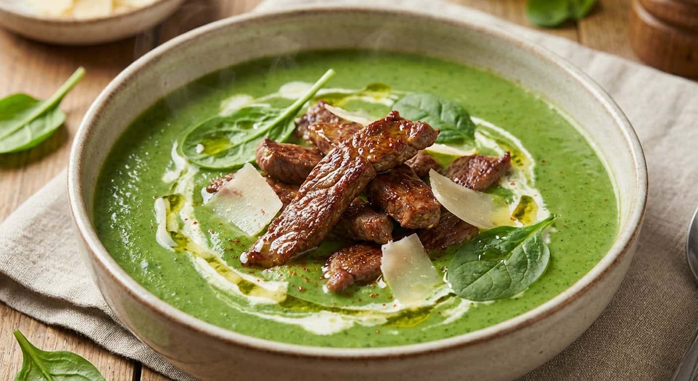 Crema de espinacas con tiras de ternera