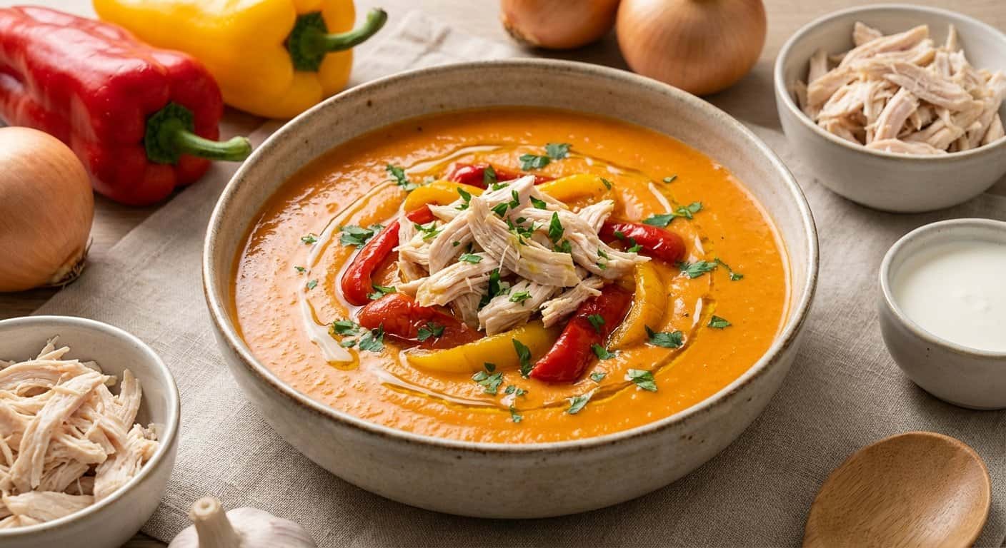 Crema de Pimientos con Pollo Desmenuzado