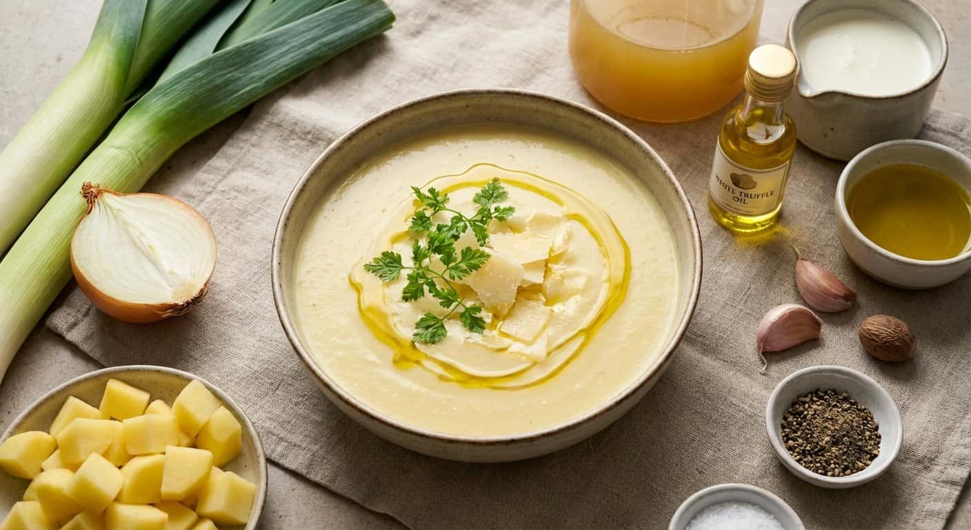 Crema de puerros con aceite de trufa blanca