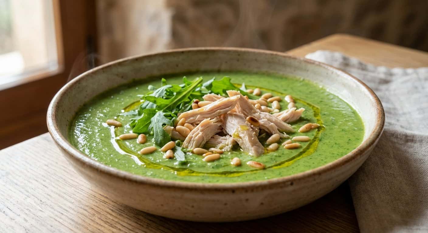 Crema de Rúcula con Pollo Desmenuzado