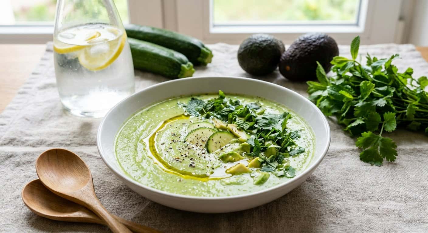 Crema Fría de Calabacín y Aguacate con Hierbas Frescas