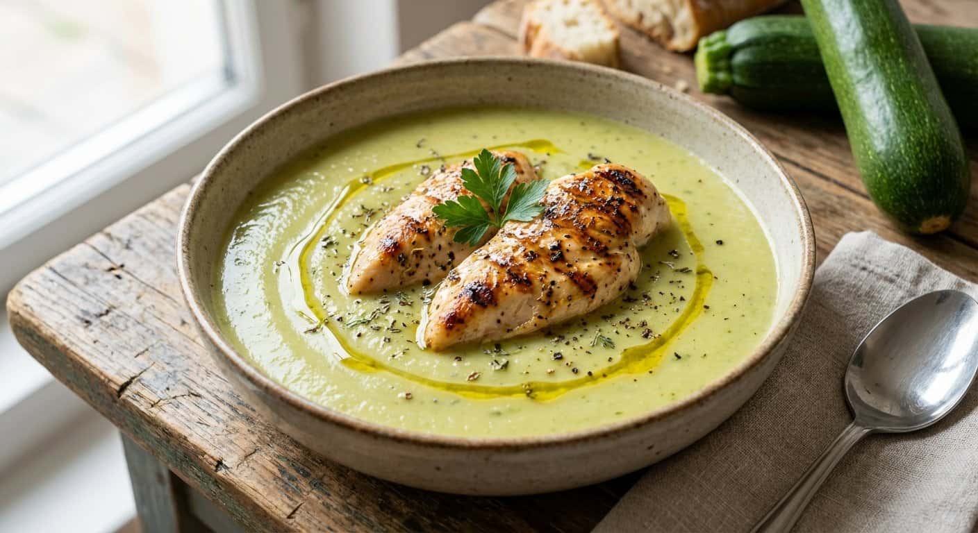 Crema suave de calabacín con pollo a la plancha