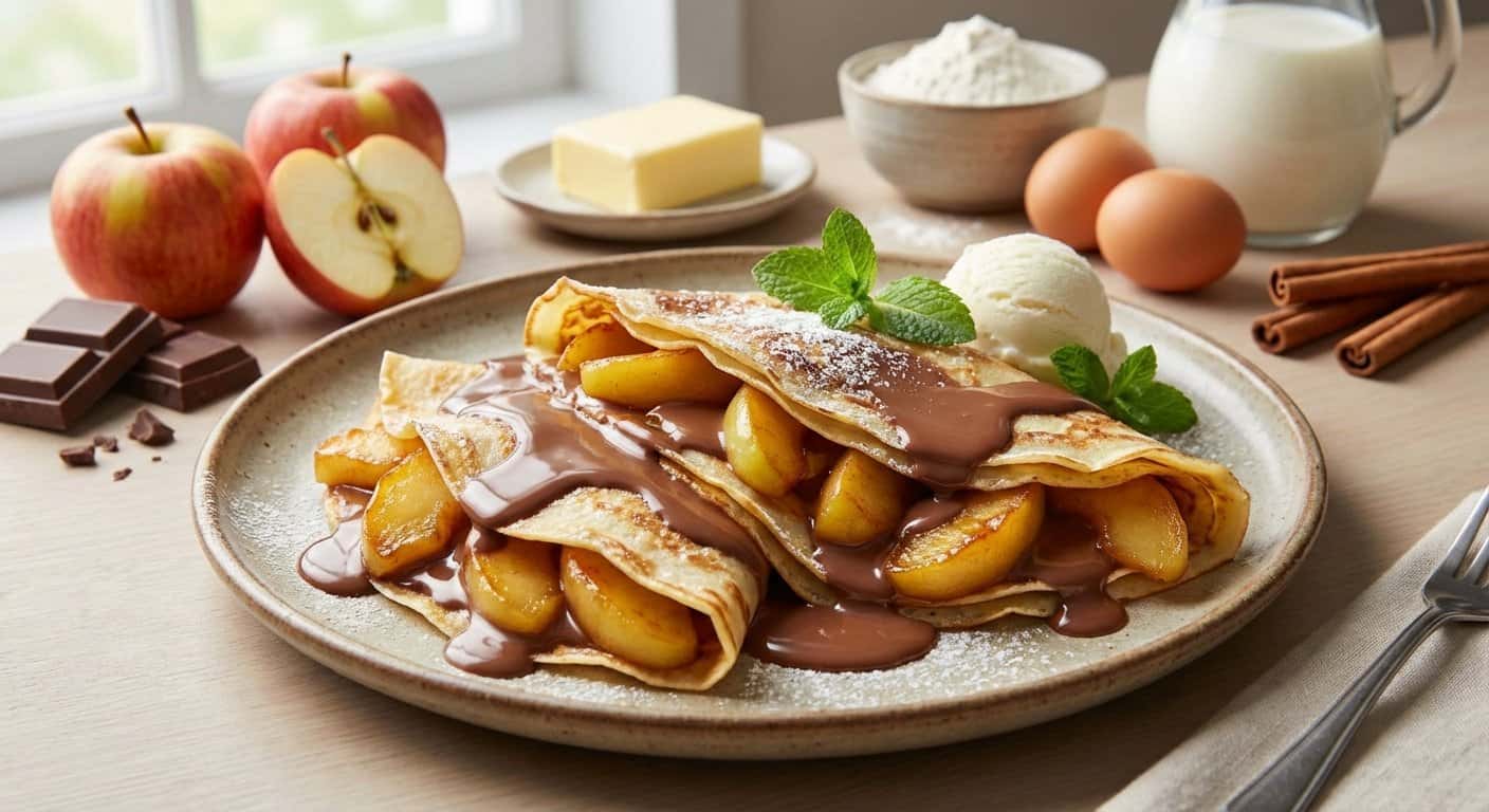 Crepes dulces con chocolate con leche y manzana caramelizada