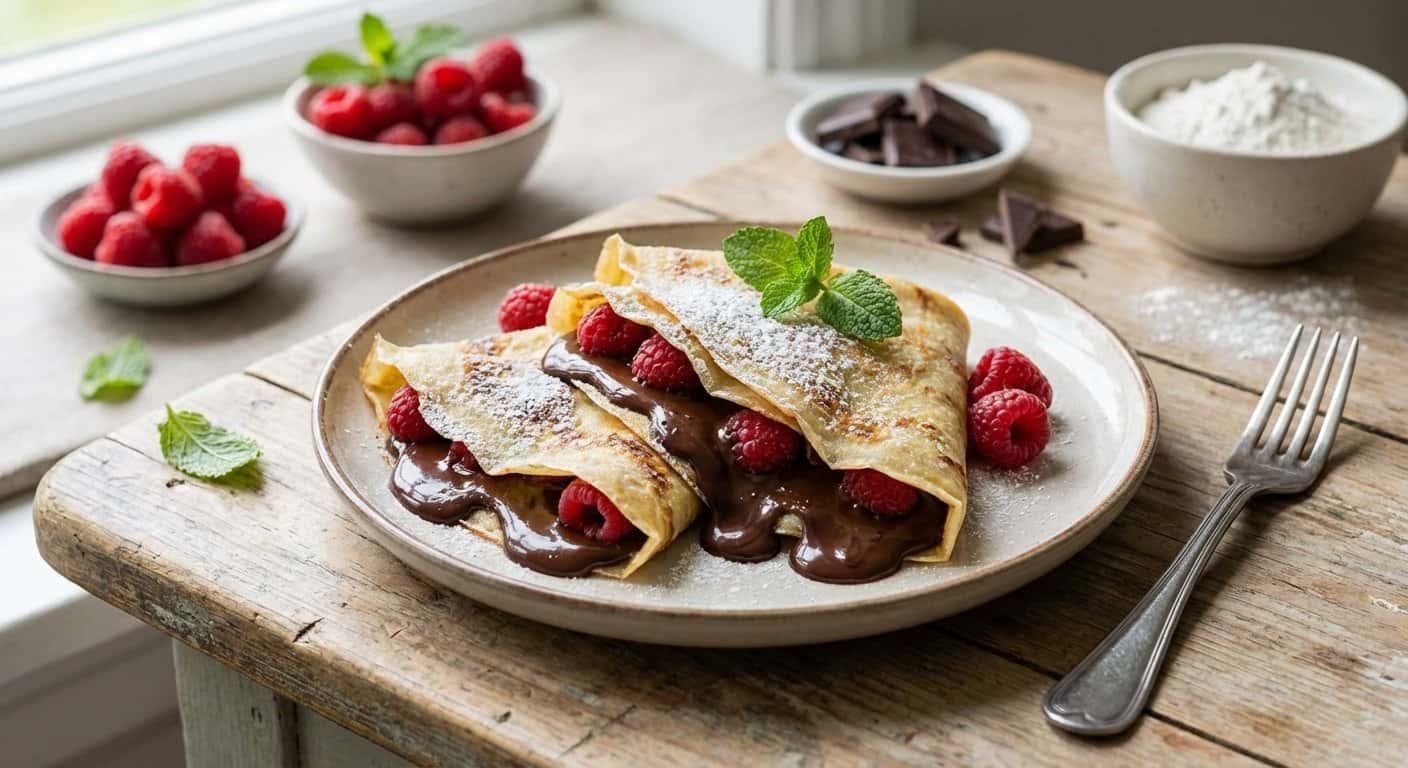 Crepes dulces con chocolate negro y frambuesa