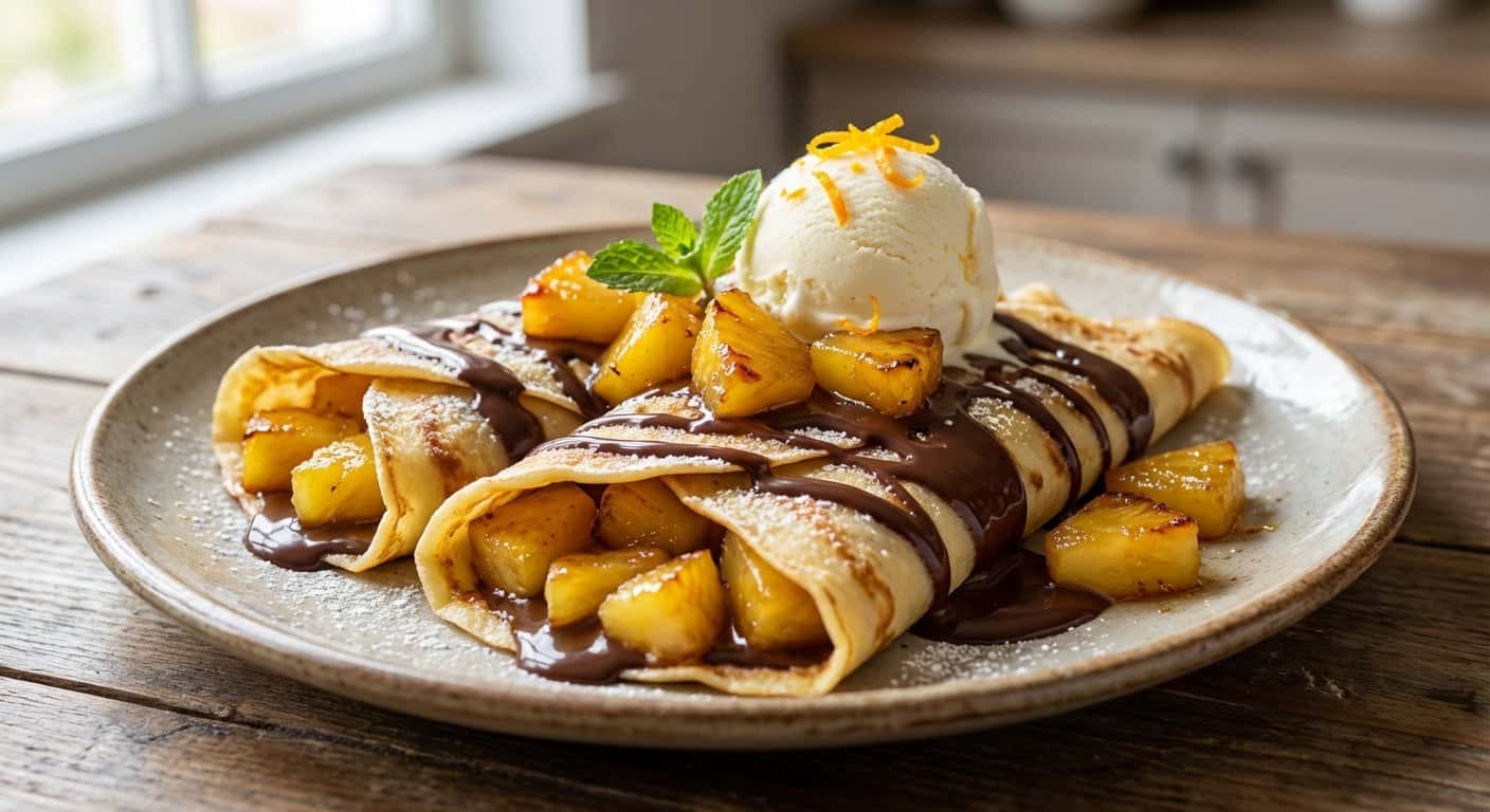 Crepes Dulces con Chocolate Negro y Piña Caramelizada