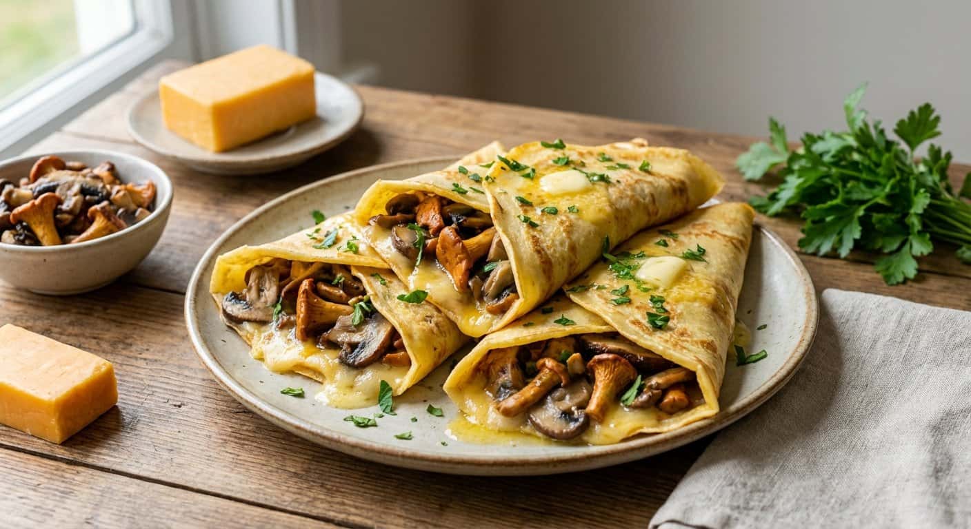 Crepes Salados con Setas y Cheddar