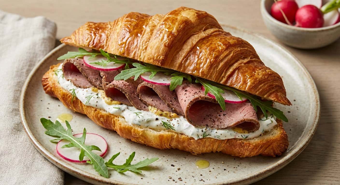Croissant salado relleno de roast beef y crema de rábano