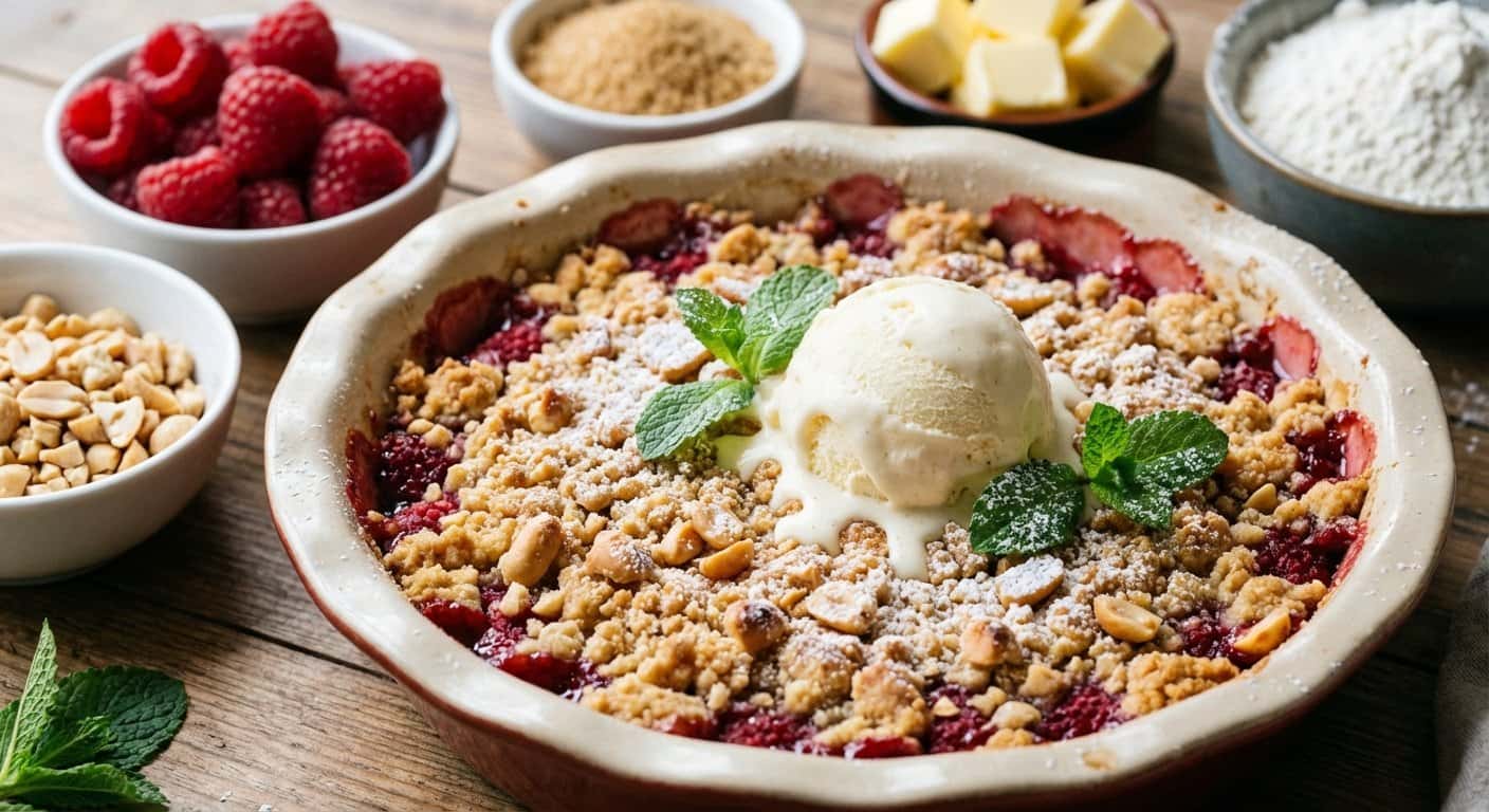 Crumble de frambuesa con cacahuete