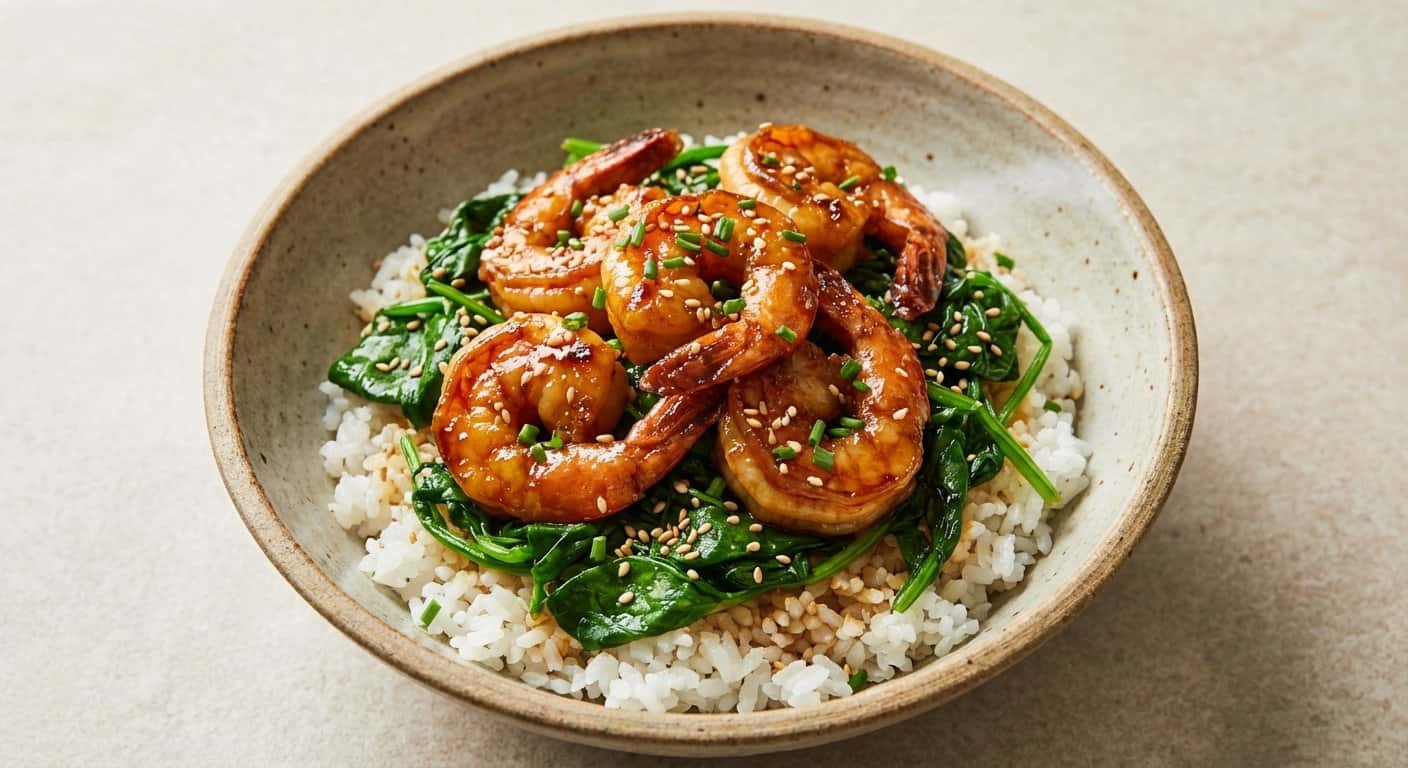 Donburi de Gambas Miso con Espinacas