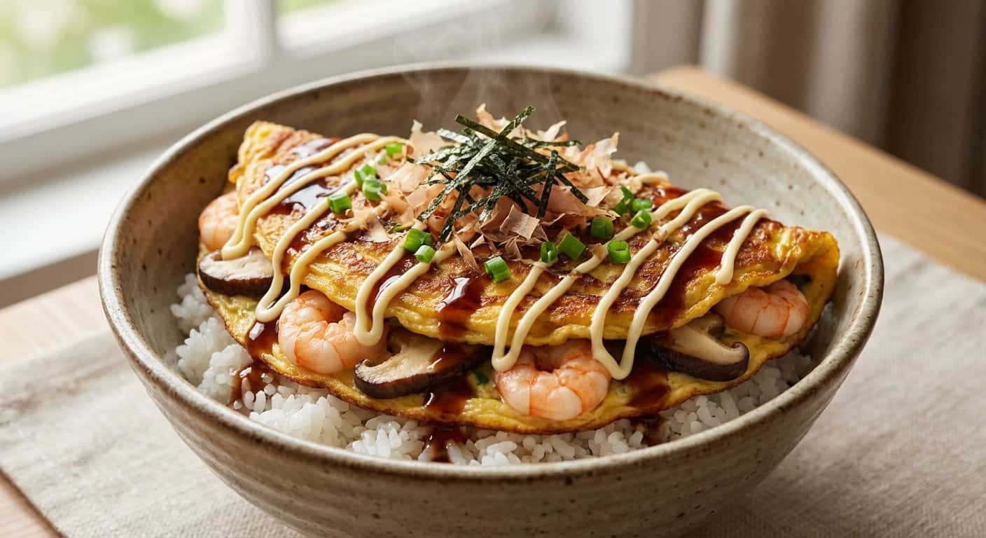 Donburi de Gambas Okonomiyaki con Shiitake