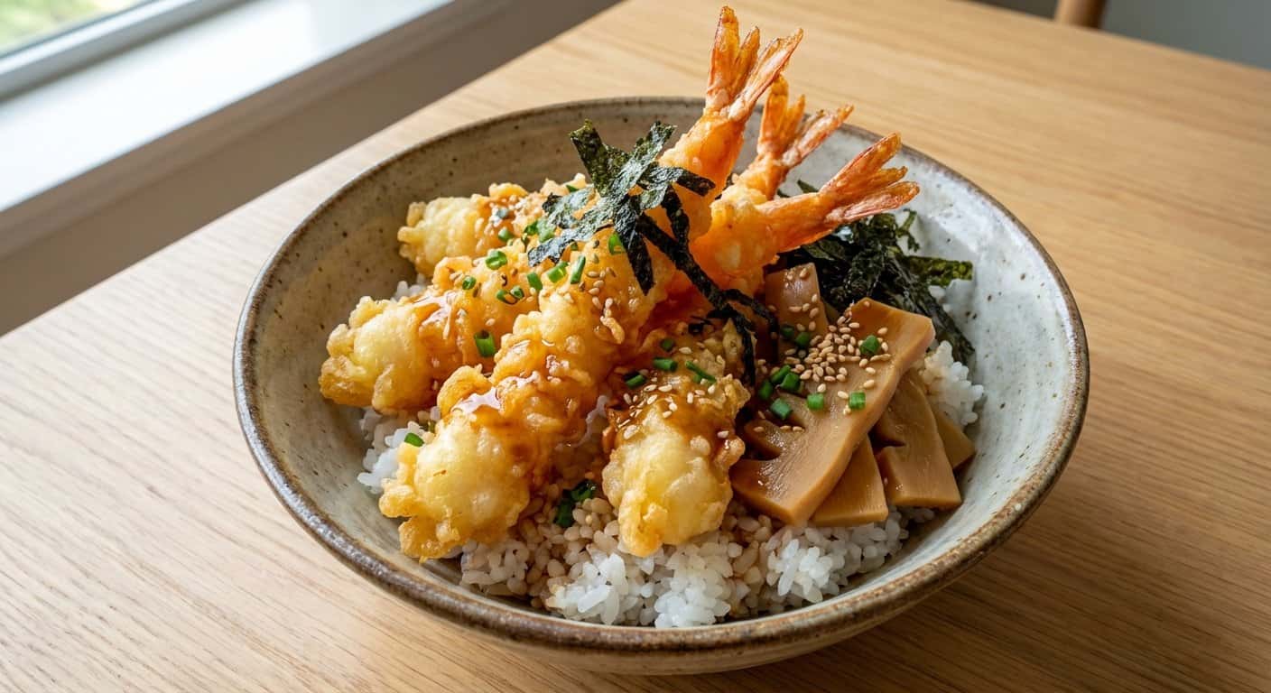 Donburi de Gambas Tempura con Brotes de Bambú