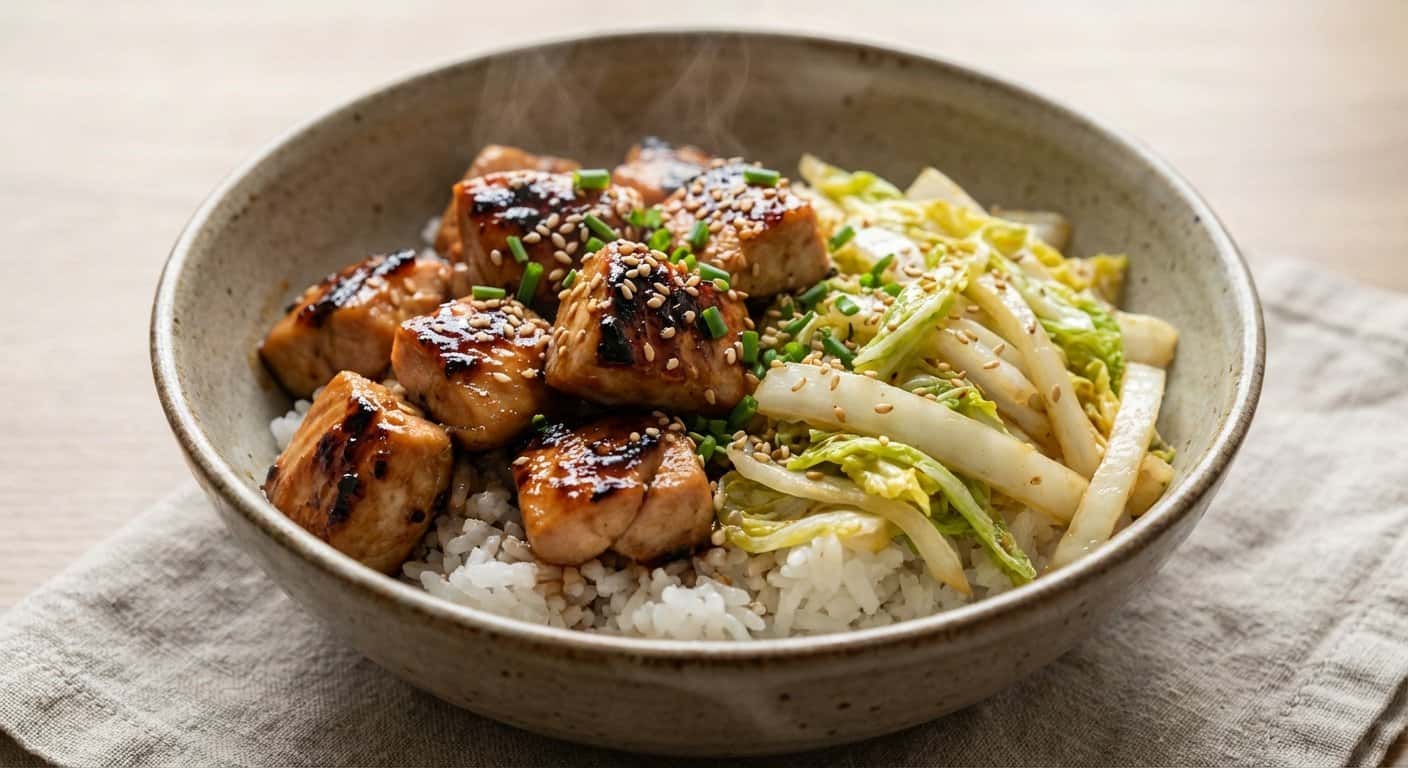 Donburi de Pollo Yakitori con Col China