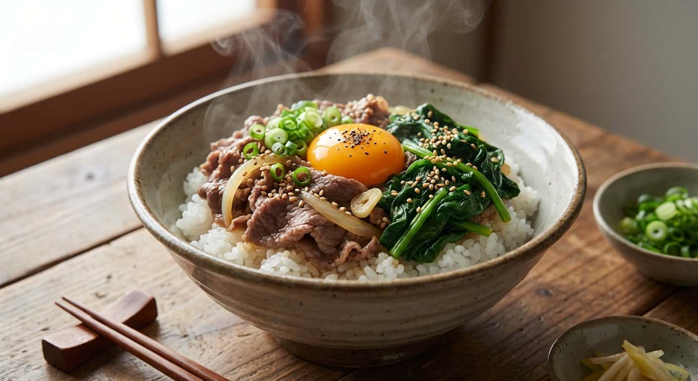 Donburi de Ternera Nabe con Espinacas