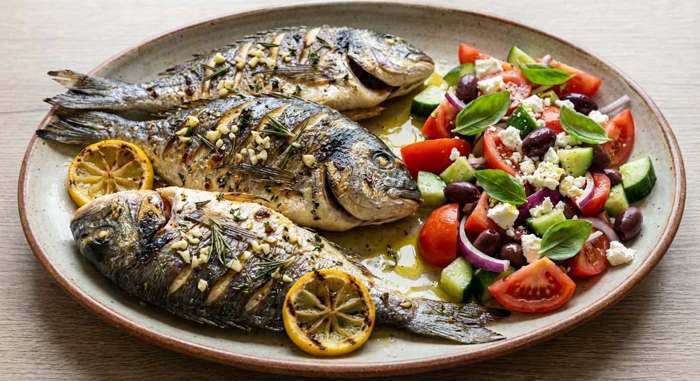Dorada al estilo mediterráneo con ensalada fresca