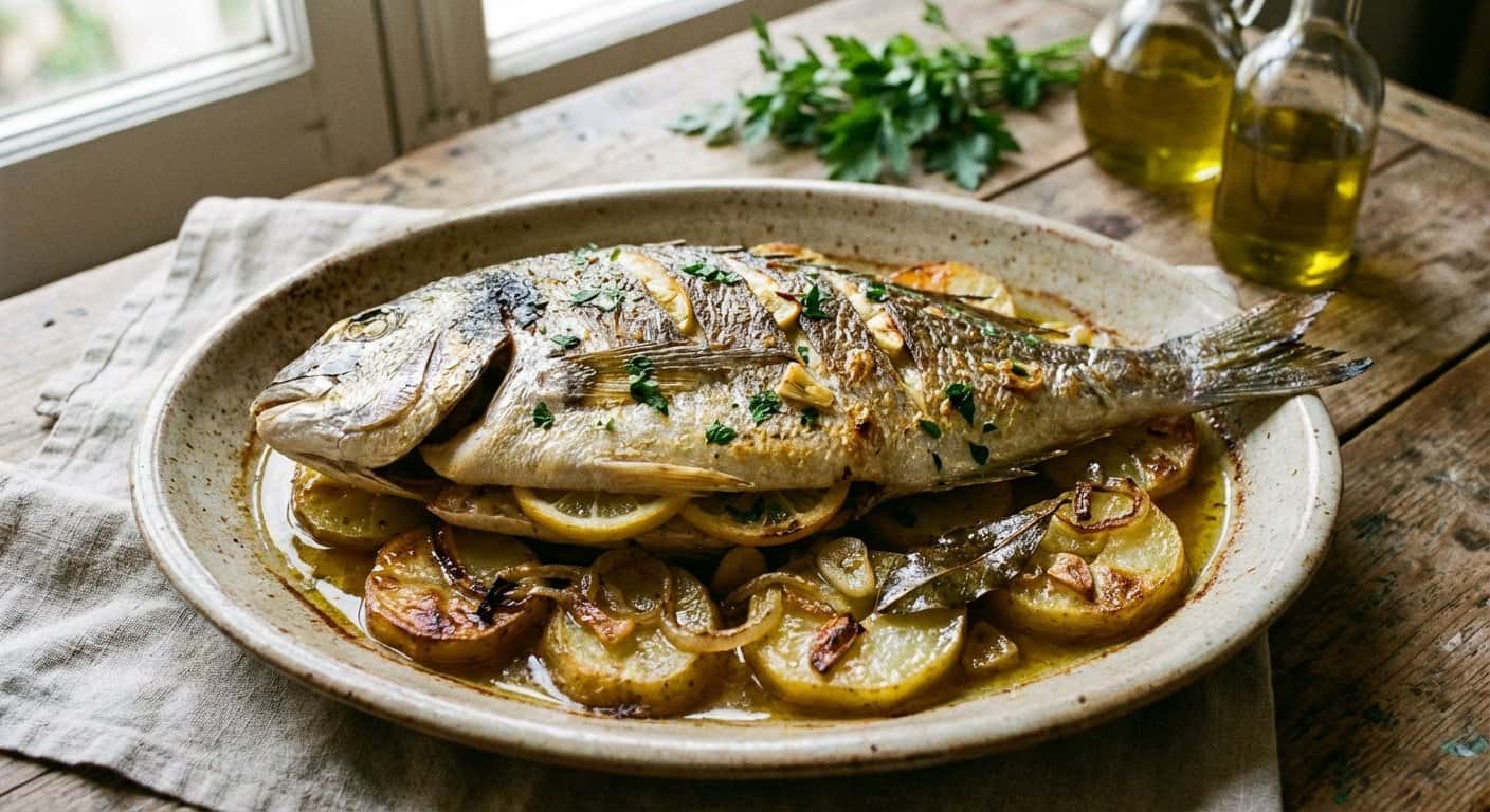 Dorada al horno con patatas panadera