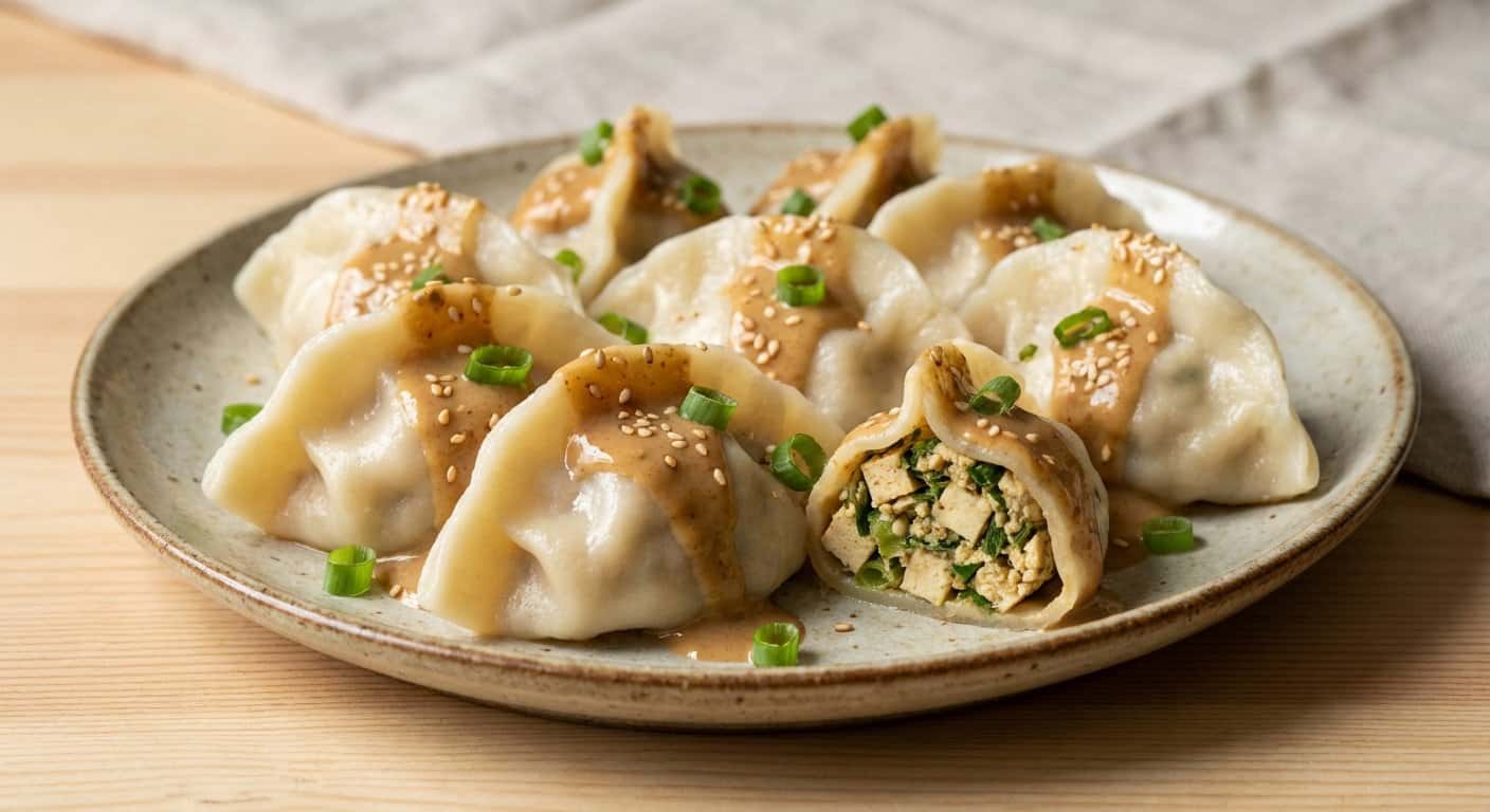 Dumplings Xinjiang de Tofu con Salsa de Sésamo