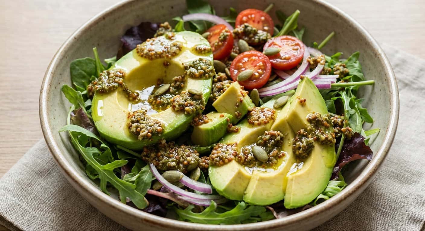 Ensalada de Aguacate con Mostaza Antigua y Pesto Keto