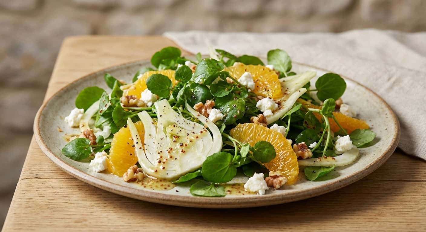 Ensalada de berros, hinojo y naranja con vinagreta de mostaza