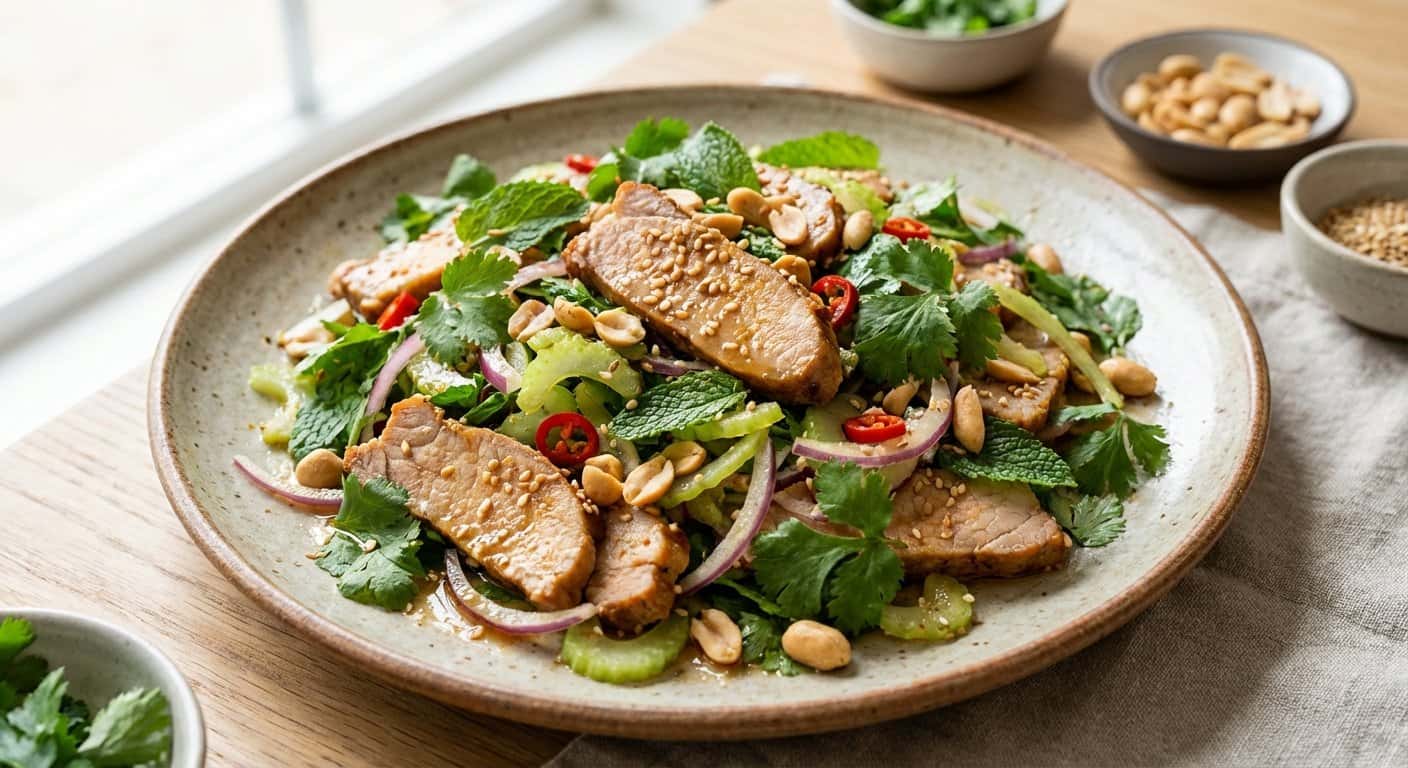 Ensalada de Cerdo al Asiático con Apio y Hierbas Frescas