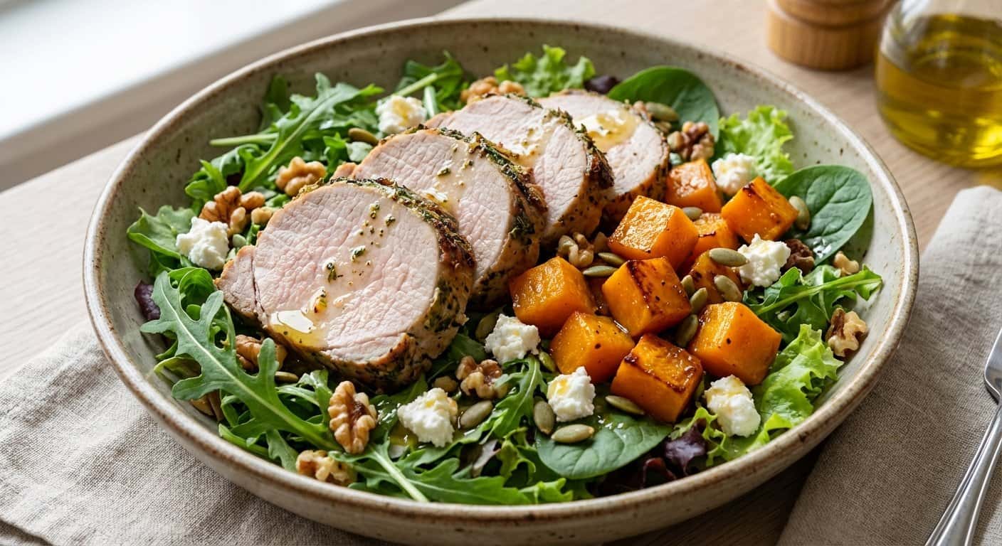 Ensalada de cerdo con calabaza y vinagreta de miel ligera
