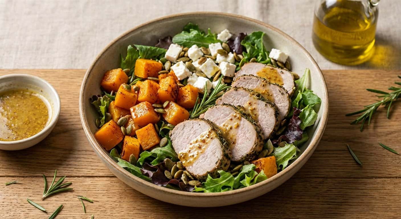 Ensalada de cerdo con calabaza y vinagreta de mostaza