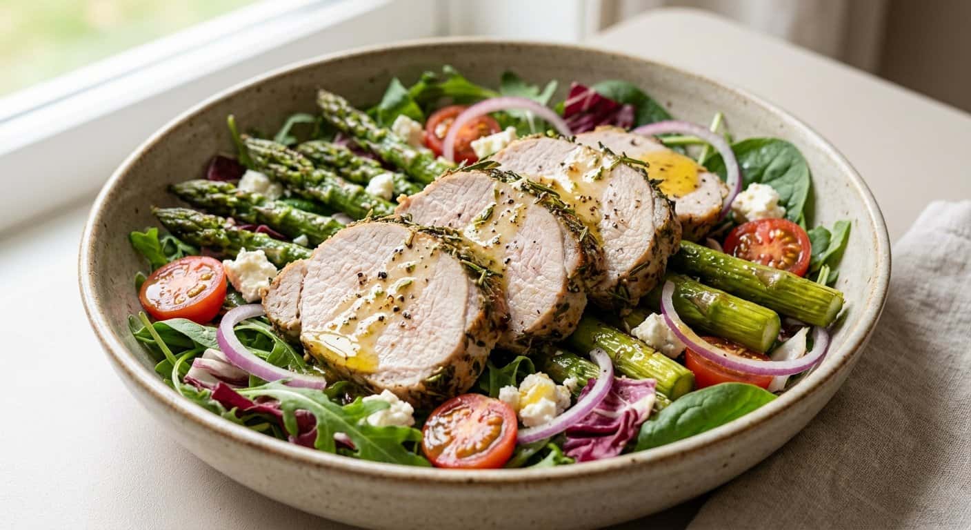 Ensalada de cerdo con espárragos y vinagreta de miel ligera