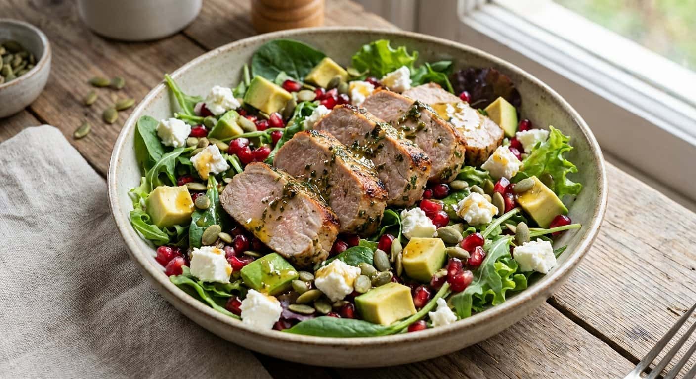 Ensalada de Cerdo con Granada y Semillas de Calabaza