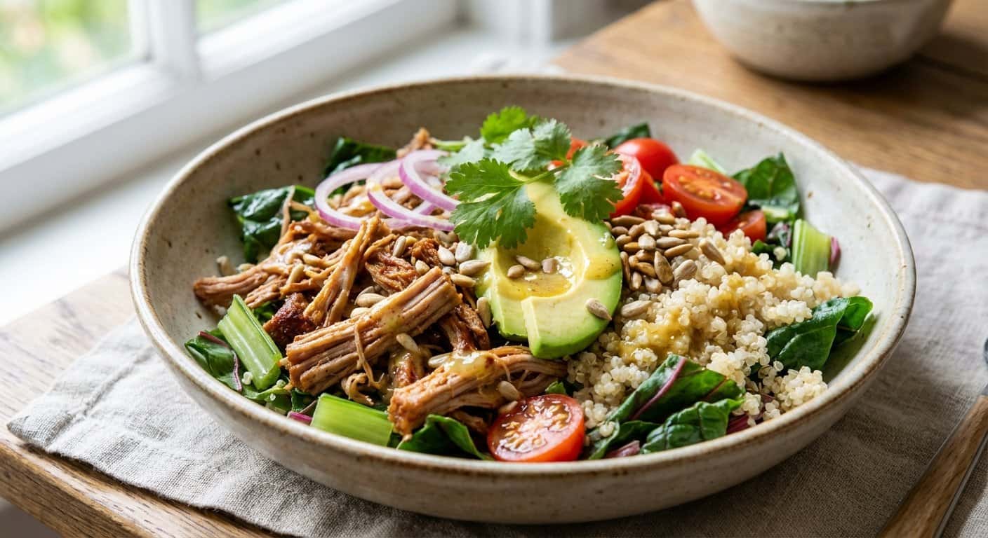 Ensalada de Cerdo Desmenuzado con Acelgas y Quinoa