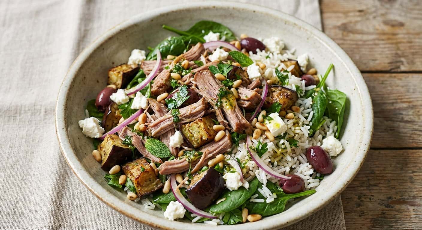 Ensalada de Cerdo Desmenuzado con Berenjena y Arroz Basmati