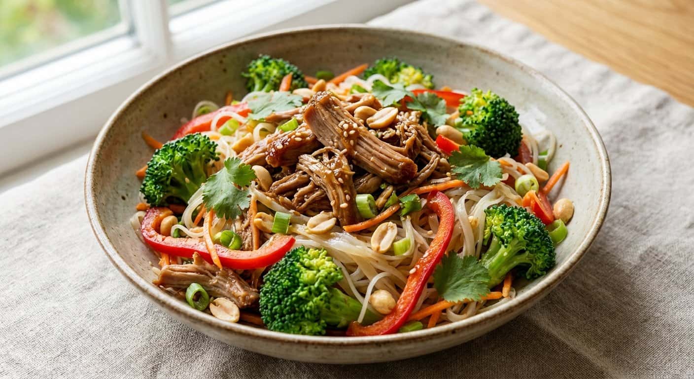 Ensalada de Cerdo Desmenuzado con Brócoli y Fideos de Arroz