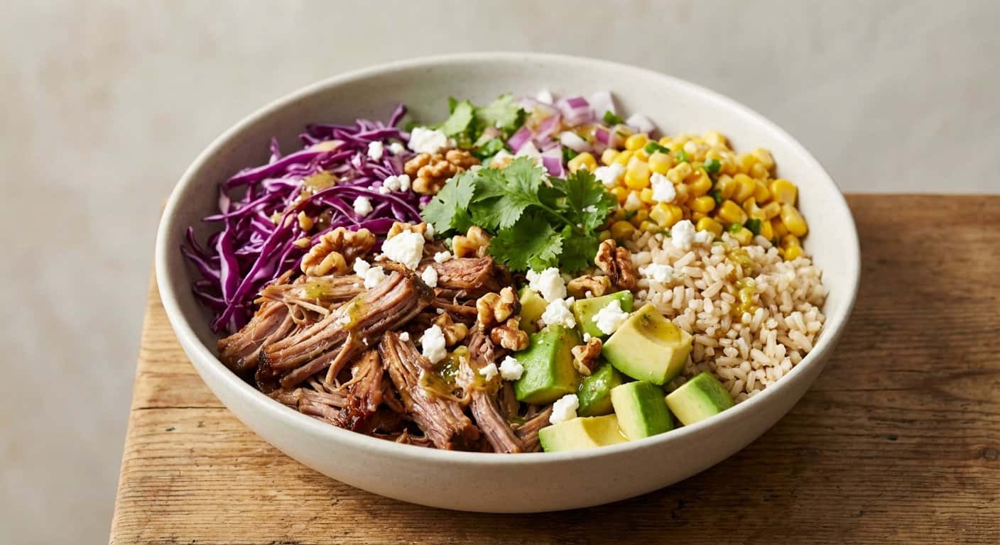 Ensalada de Cerdo Desmenuzado con Col Lombarda y Arroz Integral