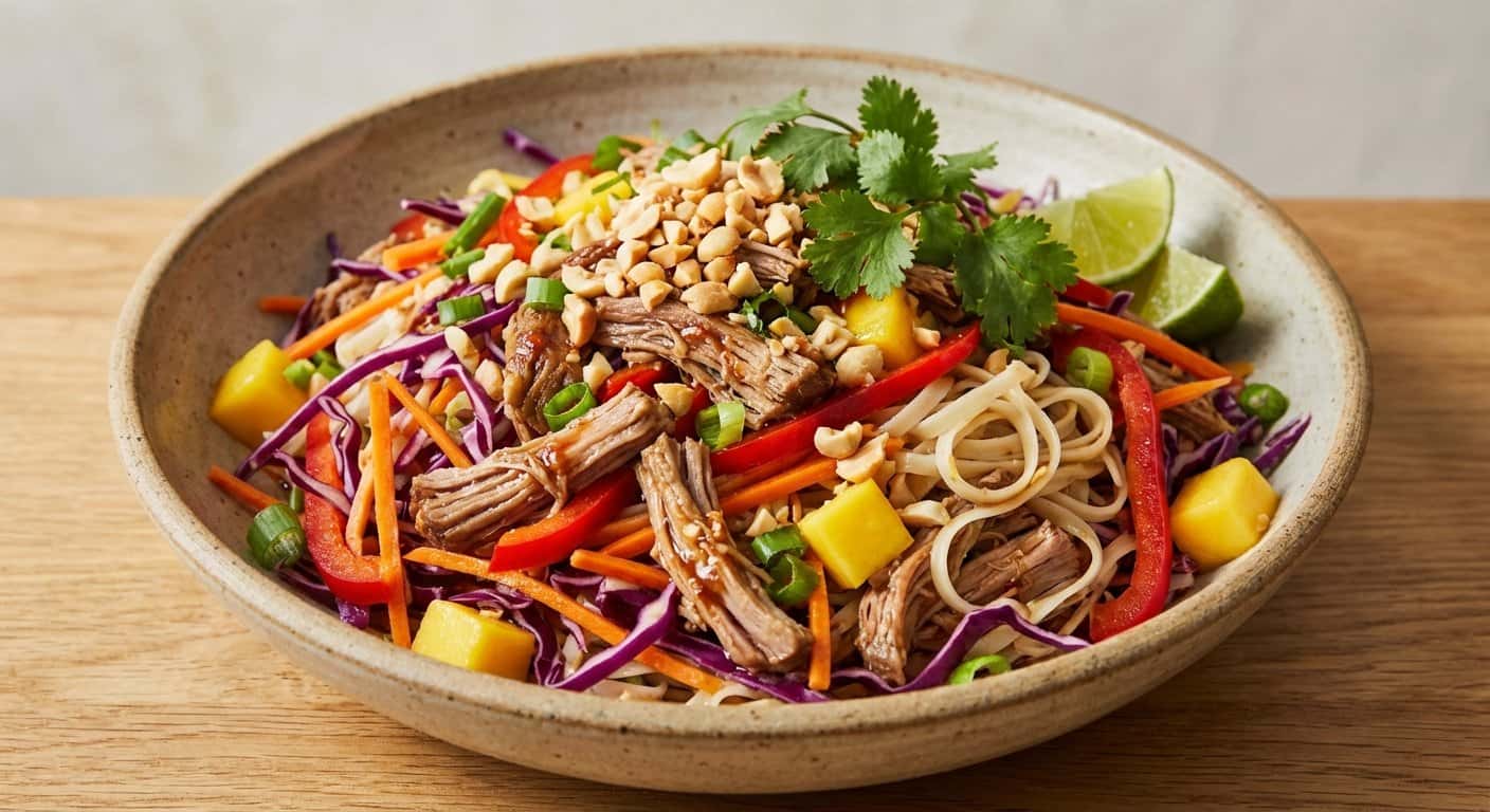 Ensalada de cerdo desmenuzado con col lombarda y fideos de arroz