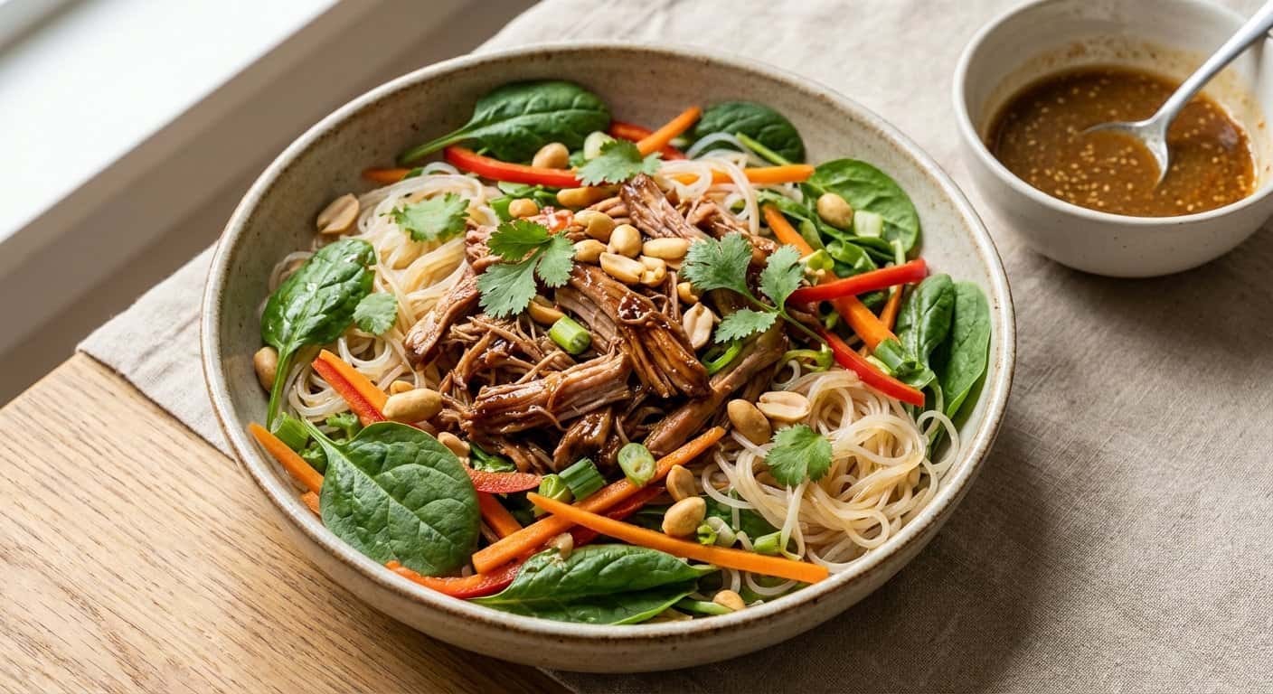 Ensalada de Cerdo Desmenuzado con Espinacas y Fideos de Arroz