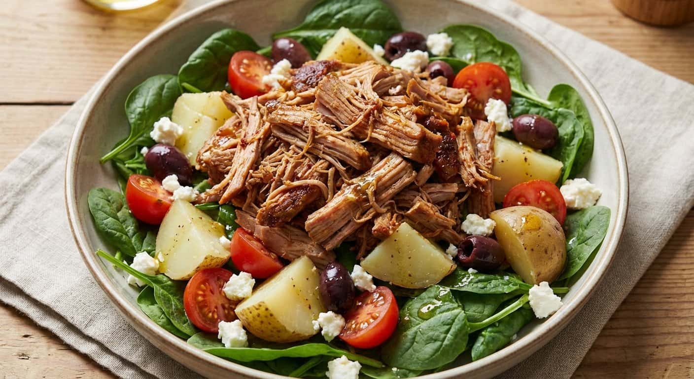 Ensalada de Cerdo Desmenuzado con Espinacas y Patata Cocinada