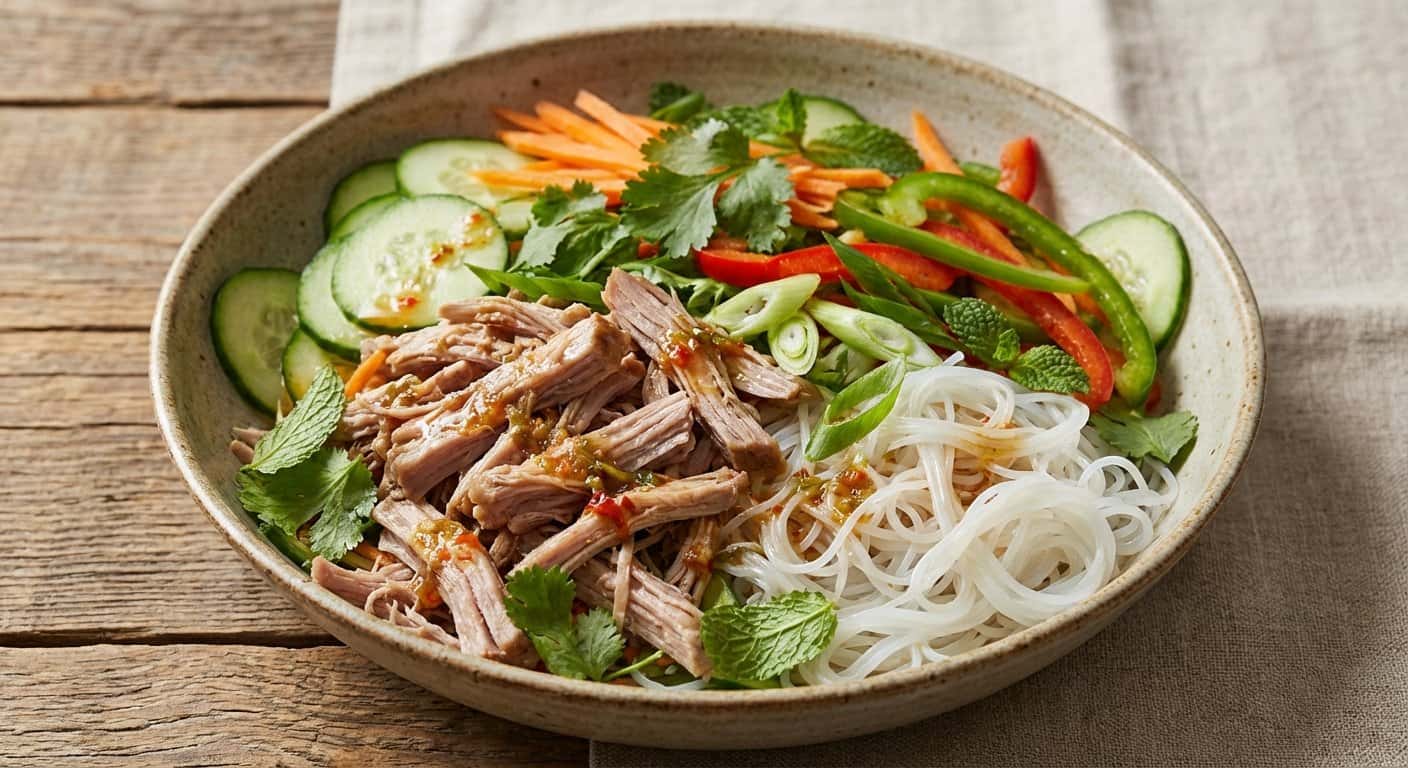 Ensalada de Cerdo Desmenuzado con Pepino y Fideos de Arroz
