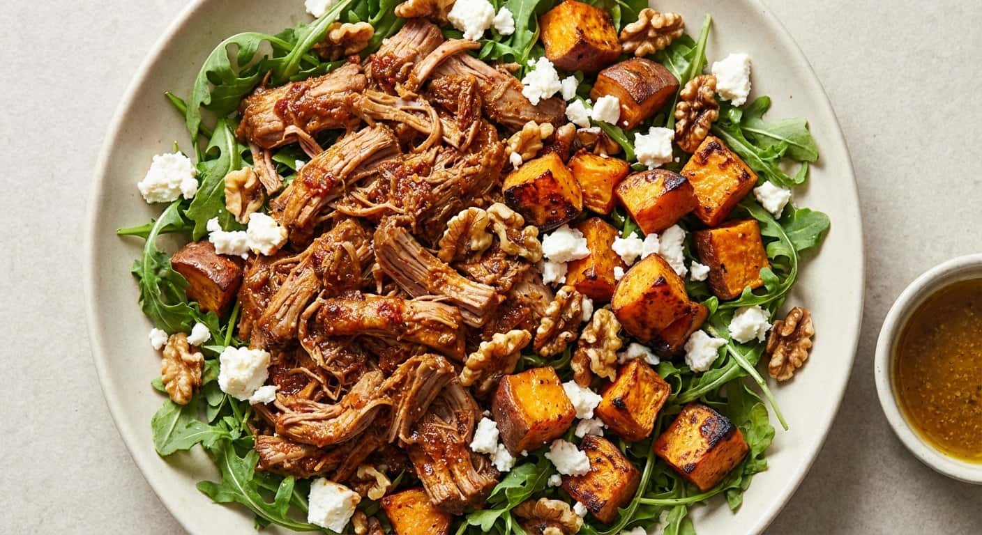 Ensalada de Cerdo Desmenuzado con Rúcula y Boniato Asado