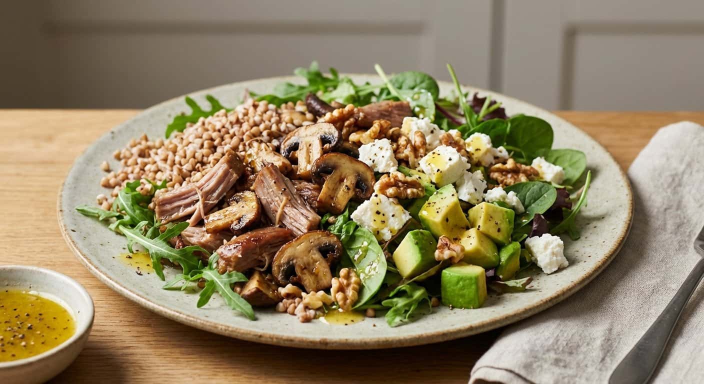 Ensalada de cerdo desmenuzado con setas y trigo sarraceno