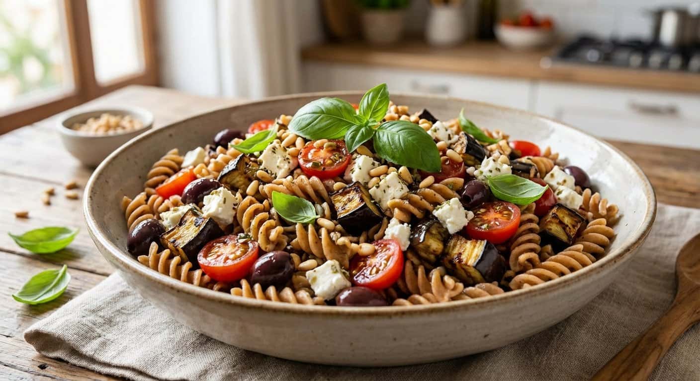 Ensalada de Pasta Integral con Berenjena y Queso Fresco