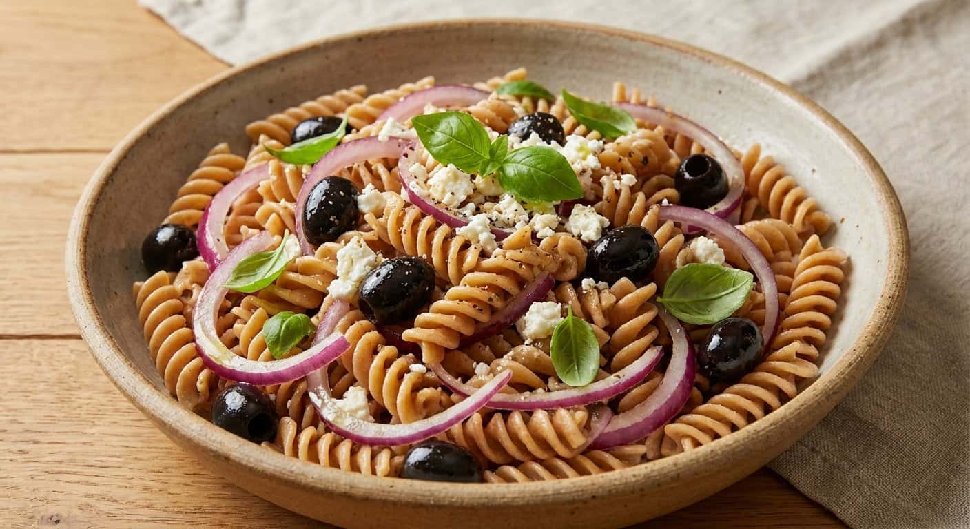 Ensalada de Pasta Integral con Cebolla y Aceitunas