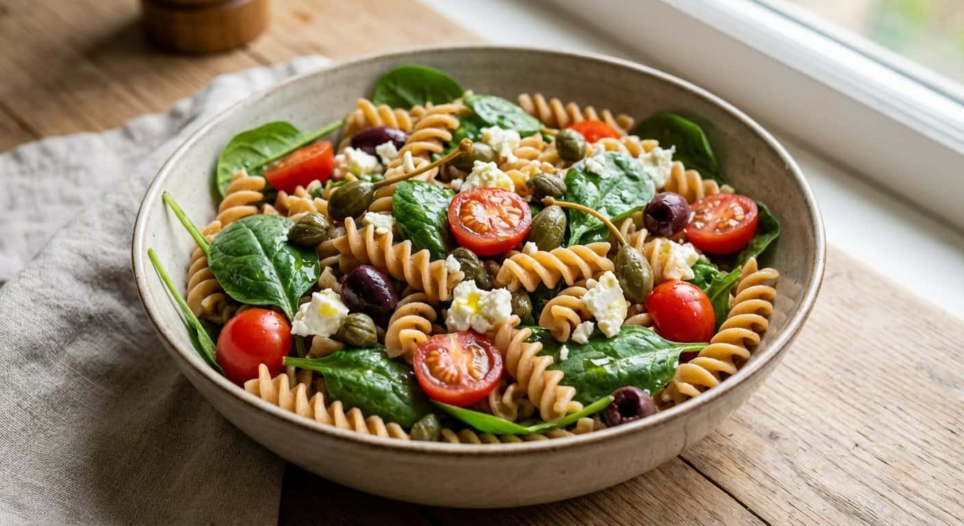 Ensalada de Pasta Integral con Espinacas y Alcaparras