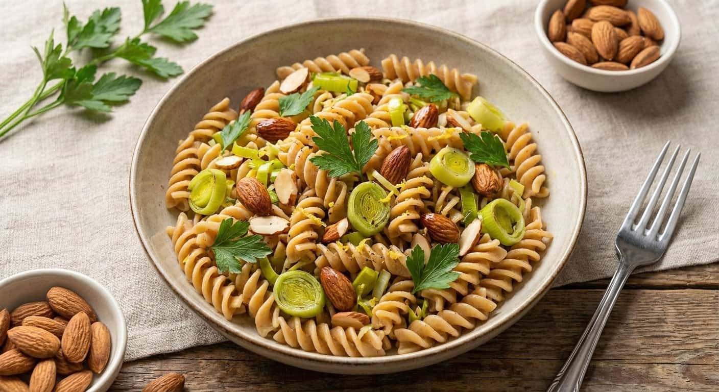 Ensalada de pasta integral con puerro y almendras